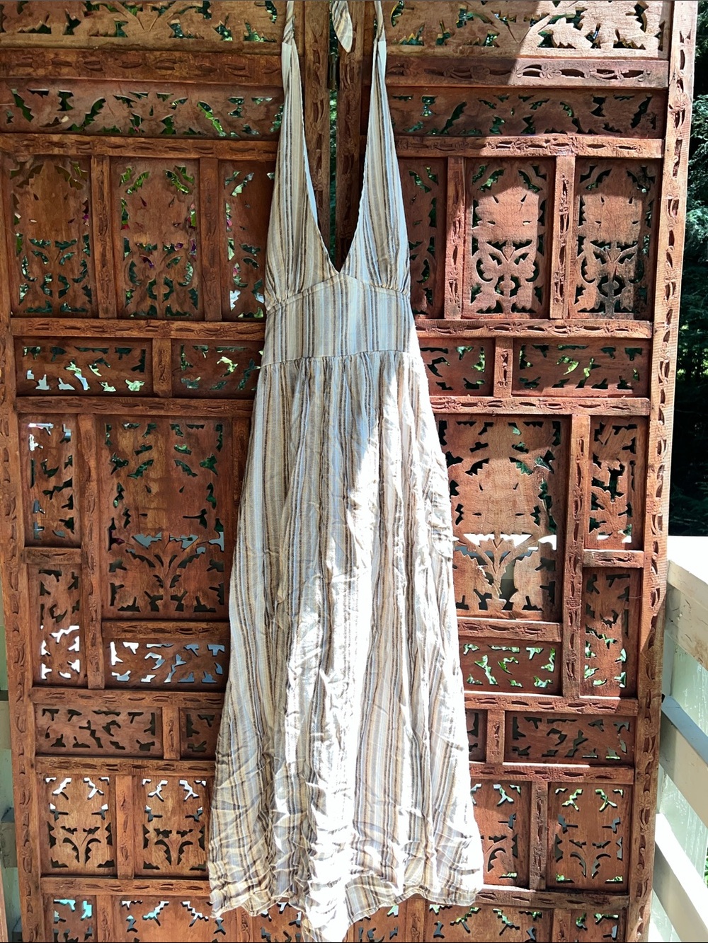Indigo Rein Striped Halter Maxi Dress in Beige and Cream